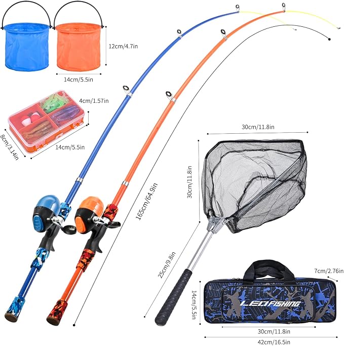 LEOFISHING Portable Kids Fishing Rod Set 2Pack Telescopic Fishing Poles for Boys and Girls Fishing Rod and Reel Combos with Full Kits Fishing Net and Bucket for Toddler Youth