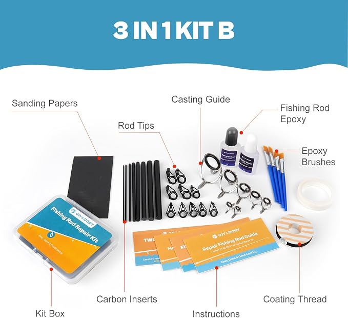 OJYDOIIIY 3-in-1 Fishing Rod Repair Kit - Carbon Sticks/Rod Tips/Eyelets Replacement Parts, Complete Supplies and Instructions