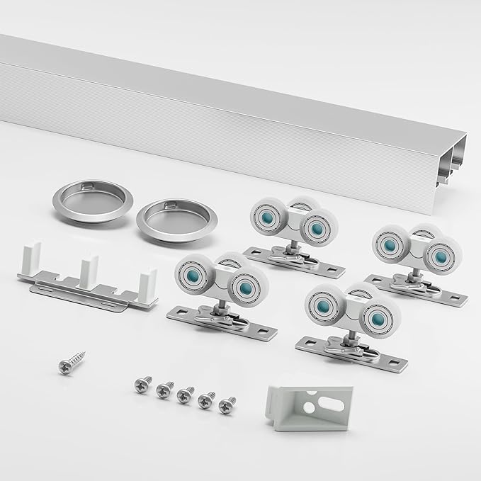 LAJIAOZ 6FT Aluminum Bypass Sliding Door Hardware Kit, 2 Door System with Finger Pulls, Quiet & Smooth Rollers, Fits 1 3/8"-1 3/4" Thickness Closet Cabinet Room Divider Sliding Track Set, Silver
