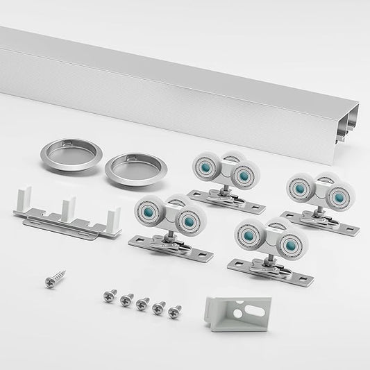 LAJIAOZ 6FT Aluminum Bypass Sliding Door Hardware Kit, 2 Door System with Finger Pulls, Quiet & Smooth Rollers, Fits 1 3/8"-1 3/4" Thickness Closet Cabinet Room Divider Sliding Track Set, Silver