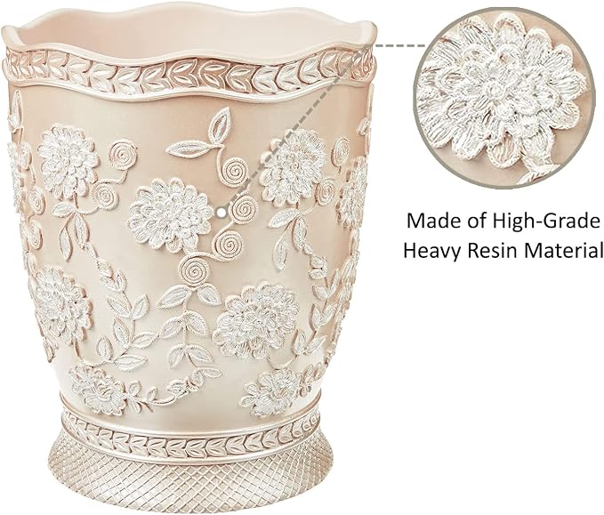 Zahari Home 2pc Rose Vine Bathroom Set Waste Basket & Tissue Cover Modern Classic Decor Stylish Unique Design Beautiful Beige Bathroom Accessories Set