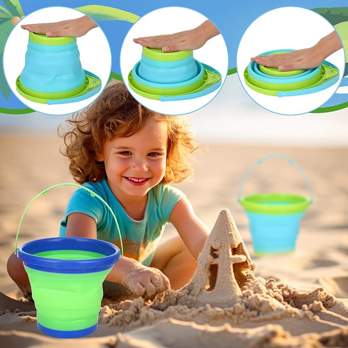 2 Pack Telescopic Kids Fishing Net with Handle, 2 Collapsible Bucket Sand Pail, Stainless Steel Foldable Fishing Net Small Fishing Butterfly Bug Net Beach Shovel with Storage Bag