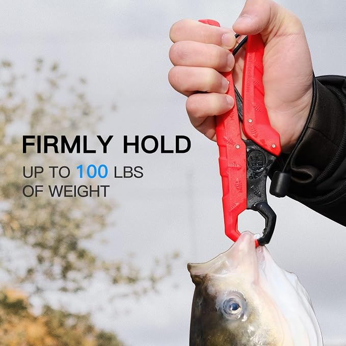SNAIL TRAIL 7.5'' Floating Fish Gripper, Fishing Grabber, Catfish Mouth Pliers, Caught Bass Holder, Fish Scale Hook Clamp, Saltwater Lip Grip Tool with Lanyard, Gifts for Men, Red-Black