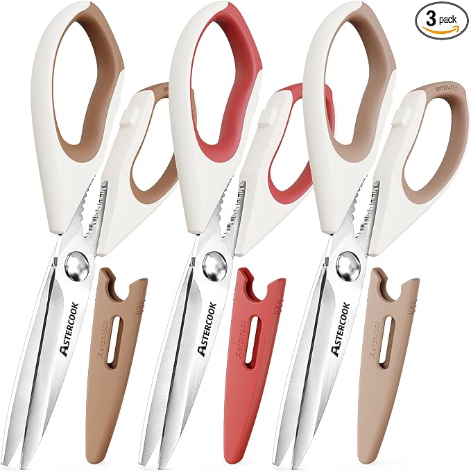 Astercook Kitchen Scissors 3 Pack, Heavy Duty All Purpose Kitchen Shears for Food and Packaging, Stainless Steel Food Scissors for Meat, Poultry, Herbs and Vegetables, Dishwasher Safe