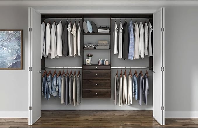 Easy Track OK7272-T Deluxe Tower Closet Storage Wall Mounted Wardrobe Organizer Kit System with Shelves & Drawers for Bedroom in Truffle with Chrome Hardware
