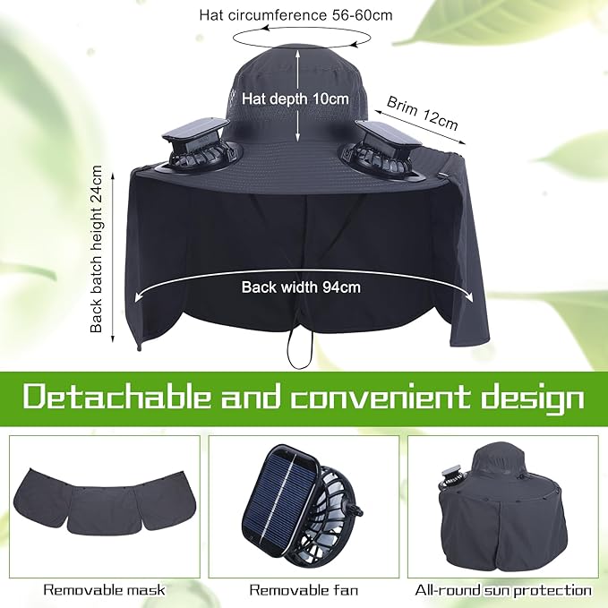 Chuarry Wide Brim Sun Hat with 2 Solar Fans and Neck Flap Outdoor Solar Powered USB Charging Bucket Fishing Hat for Men Women
