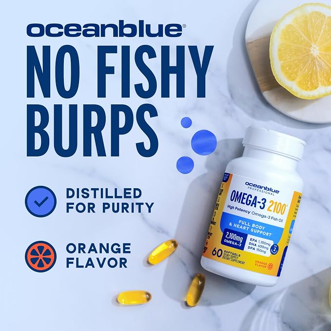 Oceanblue Professional Omega-3 2100 - Triple Strength DPA EPA DHA Omega 3 Supplement - High Potency Burpless Wild Caught Fish Oil - Orange Flavor, 60 Softgels (30 Servings)