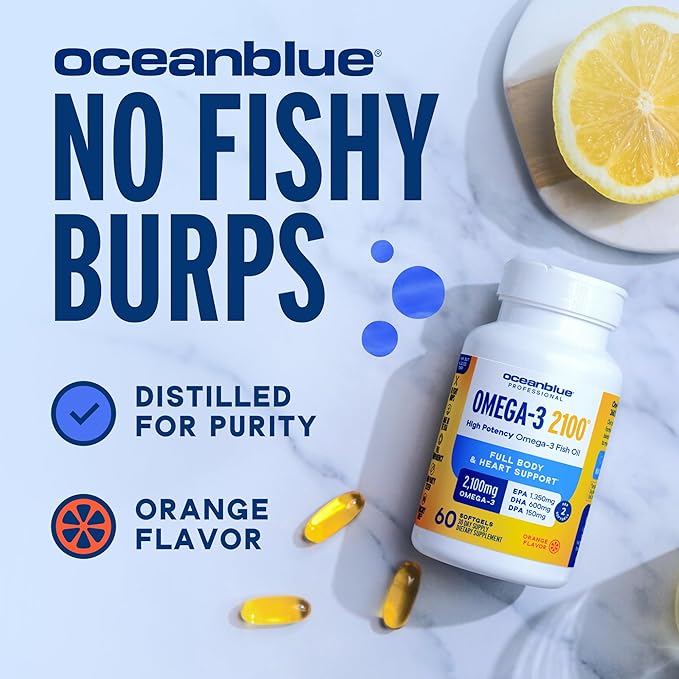 Oceanblue Professional Omega-3 2100 - Triple Strength DPA EPA DHA Omega 3 Supplement - High Potency Burpless Wild Caught Fish Oil - Orange Flavor, 120 Softgels (Pack of 2)