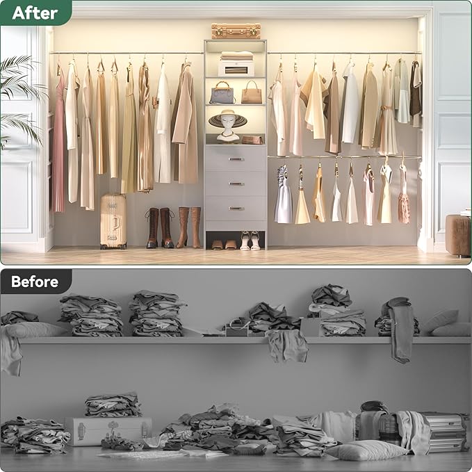 96'' Closet Organizer System with 3 Hanging Rods, 8FT Closet Organizers and Storage with 3 Wooden Drawers, Built in Closet Organizer Systems, Adjustable Walk-in Wardrobe from 5-8FT, Grey