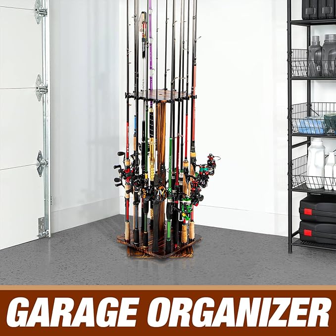 Ghosthorn Fishing Rod Holders for Garage 360 Degree Rotating Fishing Pole Rack, Floor Stand Holds up to 16 Rods Wood Fishing Gear Equipment Storage Organizer, Fishing Gifts for Men Women