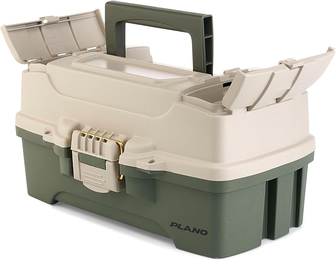 Plano One-Tray Tackle Box, Green/Tan, Rust-Proof Brass Latch, Top-Access Tray with Deep Storage, Made in the USA, Portable Fishing Gear Storage Organizer