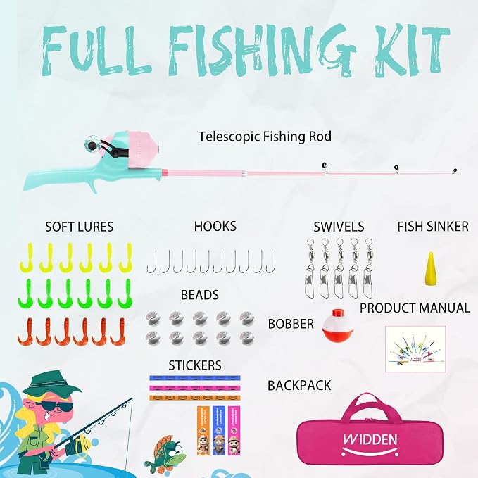 Kids Fishing Pole, Telescopic Fishing Rod, Toddler Collapsible Fishing Rod and Reel Combo with Tackle Box, Fishing Line, Bobber, and Soft Lures for Boy, Girl, Youth, Beginner, Over 4 Years Old