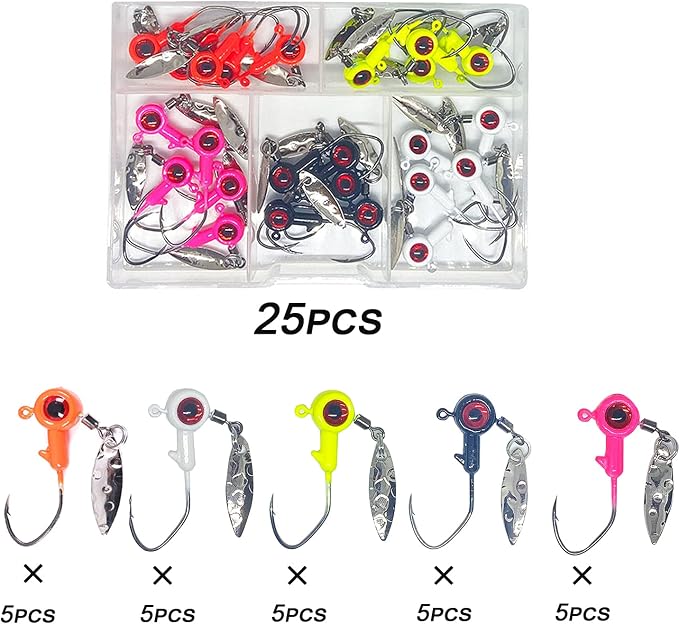 1/8 oz Jig Heads Freshwater Fishing Lures Jig Head with Eye Ball 25PCS Painted Hooks Fishing Jigs for Bass/Crappie