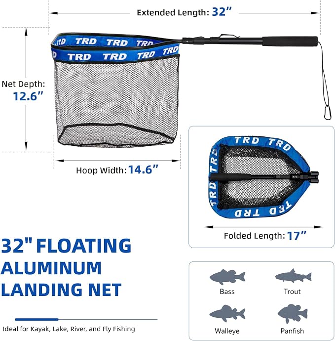 AluFloat X1 Fishing Net with Handle (Fish Net) - Floating Foldable Rubber-Coated Deep Mesh Landing Net for Bass & Fly Fishing - Fishing Gear, Kayak Accessories, Fishing Accessories