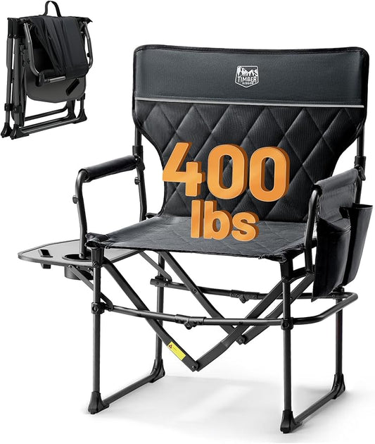 TIMBER RIDGE Heavy Duty Camping Chair with Compact Size, Portable Directors Chair with Side Table and Pocket for Camping, Lawn, Sports and Fishing, Supports Up to 400lbs, Black