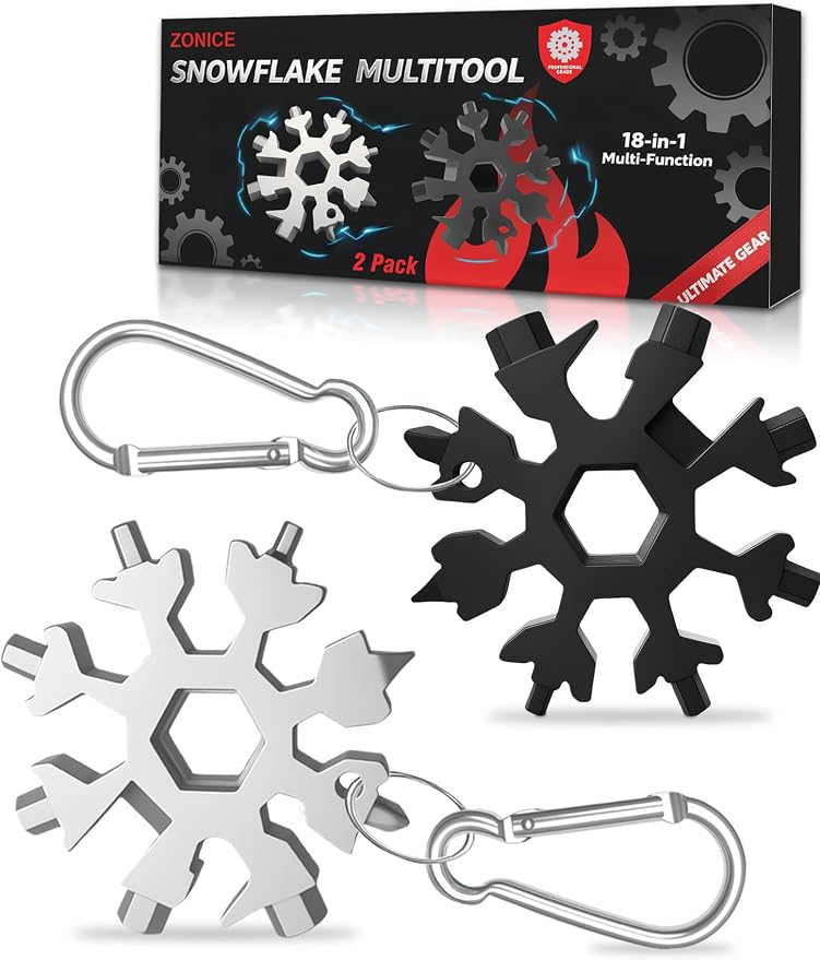 ZONICE 18-in-1 Snowflake Multi Tool – Stainless Steel with Bottle Opener & Wrench,Compact EDC Tool for Camping,Fishing,Hiking, Stocking Stuffers,Gifts for Men,Dad,Husband (Silver + Black)