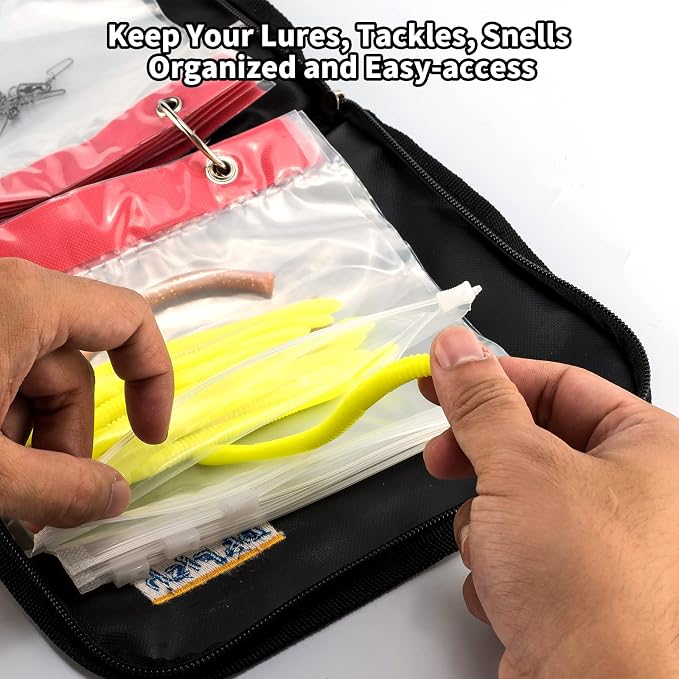 Dr.Fish Soft Bait Binder 10 Pieces PVC Bag Fishing Lure Storage Tackle Wallet Waterproof Heavy Duty Buckle Corrosion Resistant Zipper Worms Snell Hooks Sinkers Rig