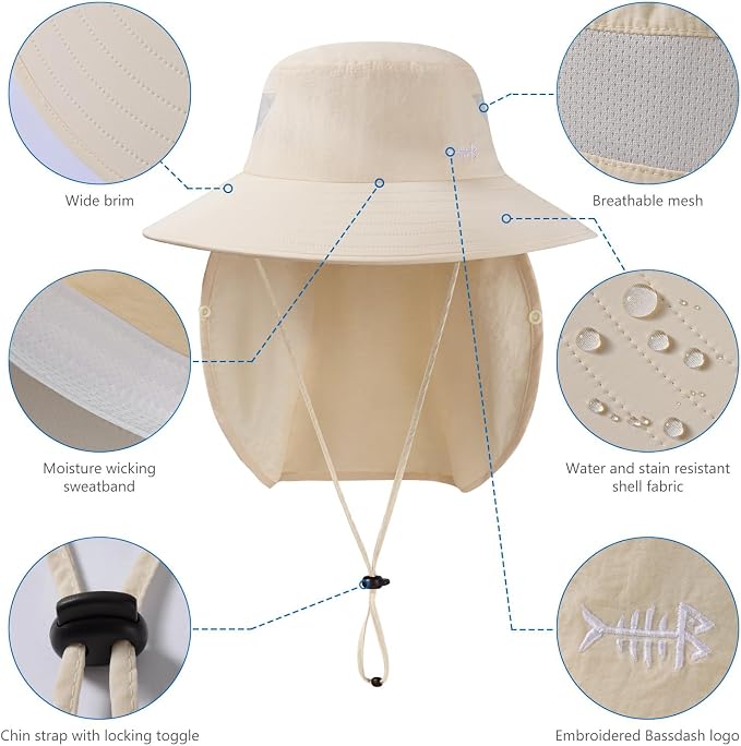 BASSDASH UPF 50+ Breathable Sun Hat with Removable Face Cover and Neck Flap Wide Brim Bucket Hat for Fishing Hiking Men Women