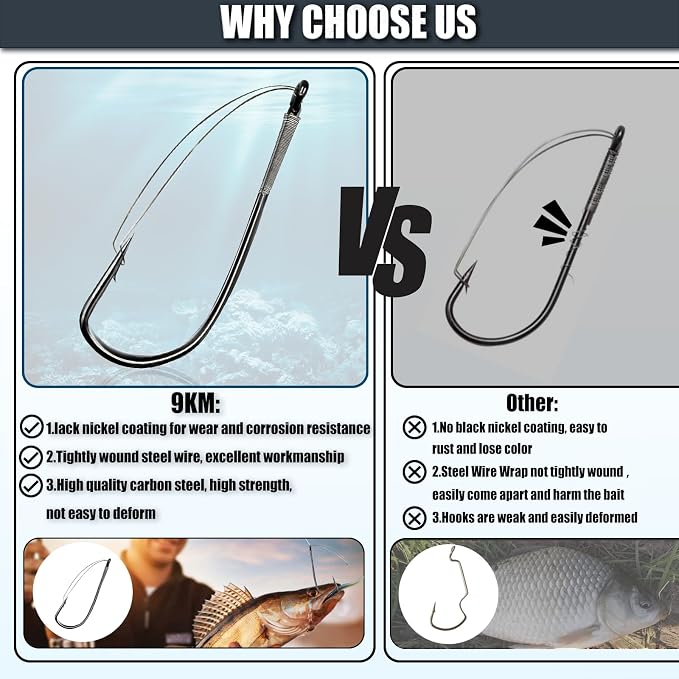 9KM DWLIFE Weedless Wacky Rig Hooks 30PCS Bass Hooks Super Strong Wacky Worm with Wire Guard for Neko Rig