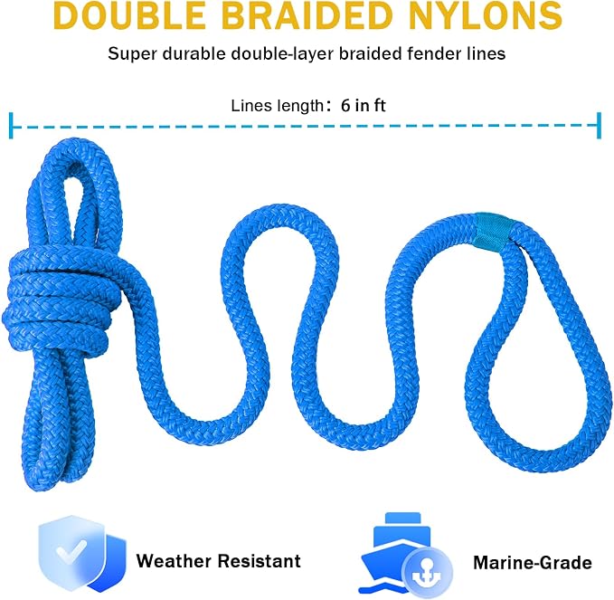 2 Pack 3/8'' x 6' Boat Fender Lines for Mooring, Docking Ties & Small Boat,Premium Marine- Grade Double Braided Nylon Boat Rope with a 5" Eyelet,Anti-Wear & Weather-Resistant-Lake Blue