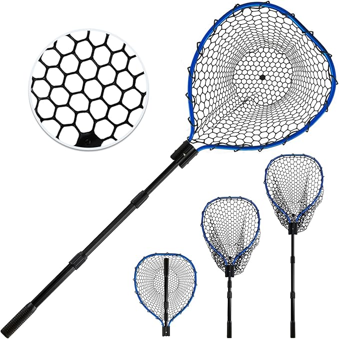 Telescoping Metal Lock Fishing Net Blue Aluminum Alloy Rubber Fish Net - Adjustable Length Lightweight Foldable Large Fishing Net with Handle Collapsible Extendable Fishing Accessories