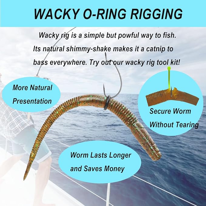 Wacky Rig Tool With Fishing O-Rings, Rigging Kit for Senko, Ring Tools for Clip Soft Baits Worms With Keychain Lanyard Fishing Bait Rigs