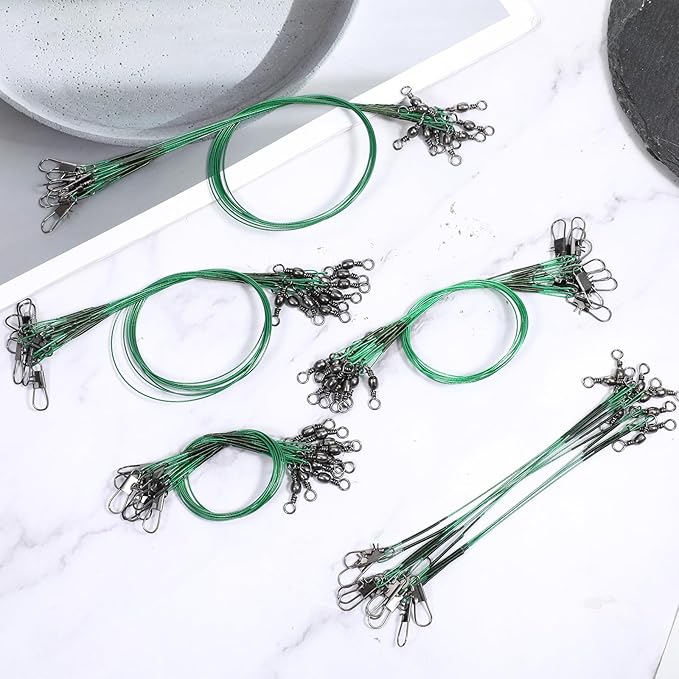 50 Pcs Fishing Leaders with Swivels, Steel Wire Fishing Leader High-Strength Anti-Bite Wire Leader Line Kit for Saltwater Freshwater, Connects Lures, Hooks, Rigs (Green, 4/6/8/10/12 Inch)