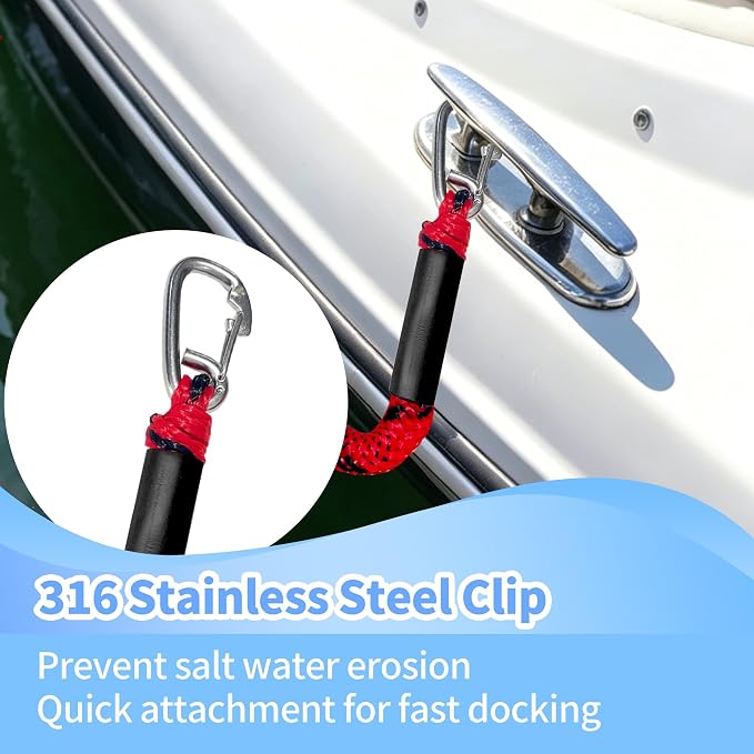 Bungee Dock Line with Stainless Steel Clip Boat Rope Mooring String with Foam Float for Docking,Kayak,Watercraft,SeaDoo,Pontoon,Canoe,Power Boat Accessory,7-10ft（Red&Black,with One Hook）