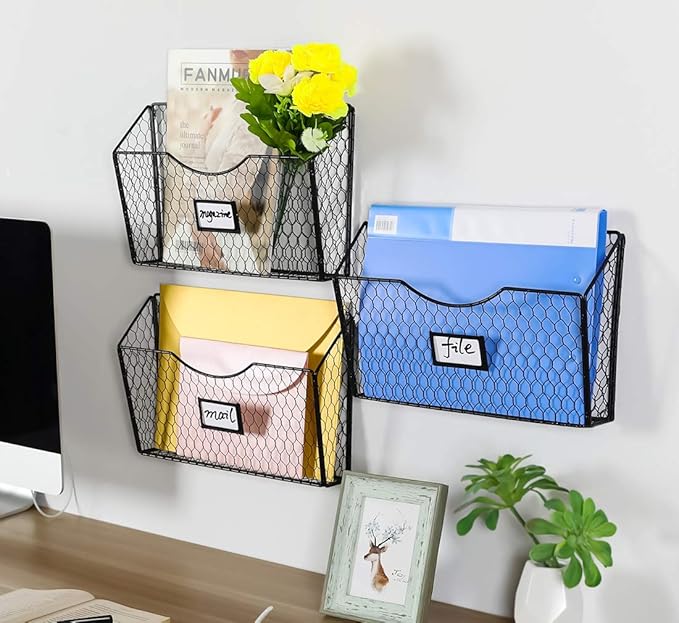 PAG 3 Pockets Hanging File Holder Wall Mount Mail Organizer Metal Chicken Wire Magazine Rack with Tag Slot, Black