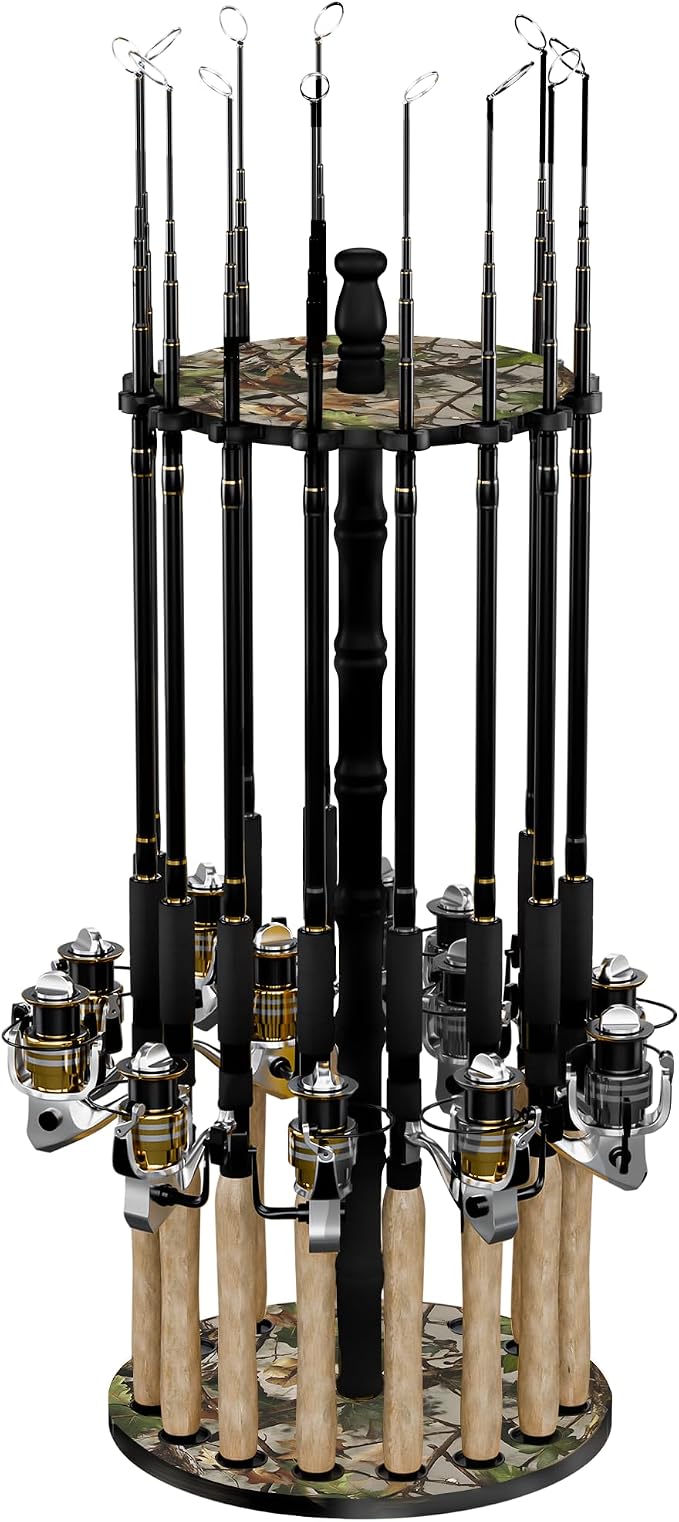 Rush Creek Creations 16-Rod Round Fishing Rod Holder for Garage, 360° Access Fishing Pole Holder for Fishing Rods, Reels, and Gear, Securely Holds 16 Rods, Camouflage