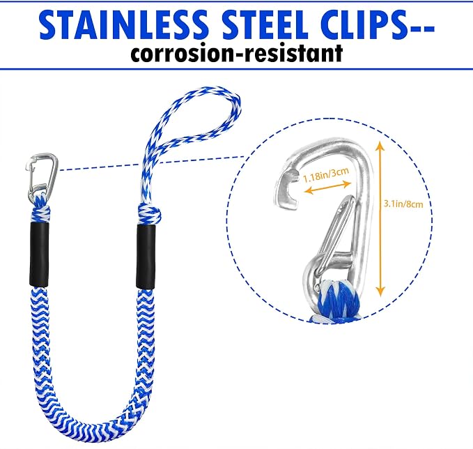 Boat Bungee Dock Lines – Adjustable Boat Tie Downs for Pontoon, Jet Ski, PWC, Kayak | Single Hook Small Cruiser Mooring Lines | (2, Blue & White, 4 Feet)