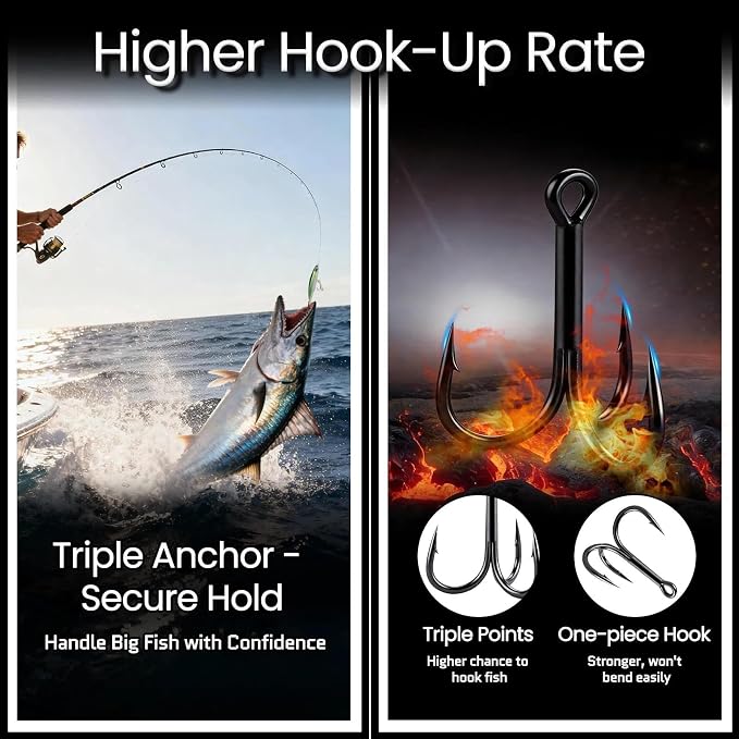 FishTrip 25/10/90/200pcs Fishing Treble Hooks, High Carbon Steel Triple Fishing Hooks with Ultra Brabed Sharp for Saltwater Freshwater Black, Treble Hook for Bass Trout Fishing Lures Replacement