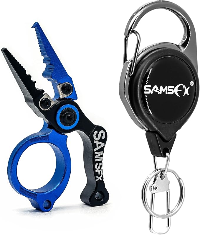 SAMSFX Mini Fishing Pliers with Fly Fishing Zinger Retractor, Fish Hook Remover Tool, Split Ring Pliers for Saltwater & Freshwater, Tungsten Carbide Cutters, Fishing Gear Gift for Anglers
