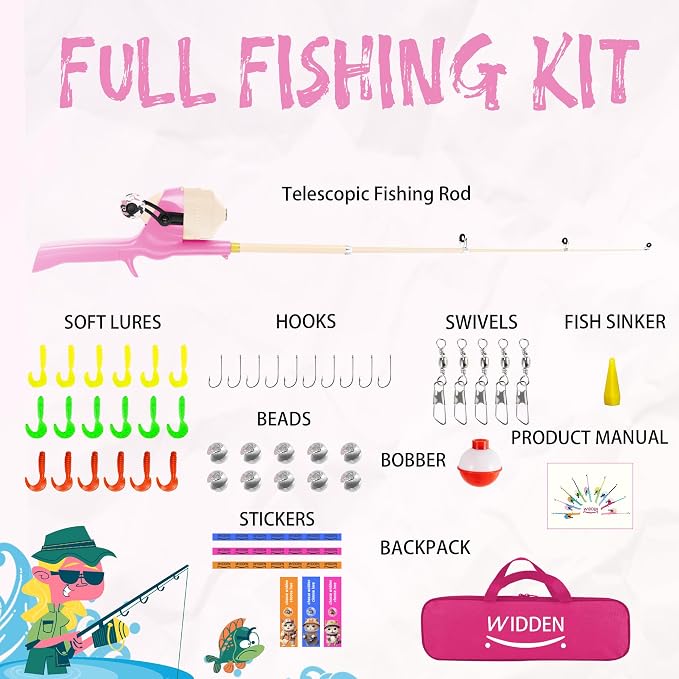 Kids Fishing Pole, Telescopic Fishing Rod, Toddler Collapsible Fishing Rod and Reel Combo with Tackle Box, Fishing Line, Bobber, and Soft Lures for Boy, Girl, Youth, Beginner, Over 4 Years Old