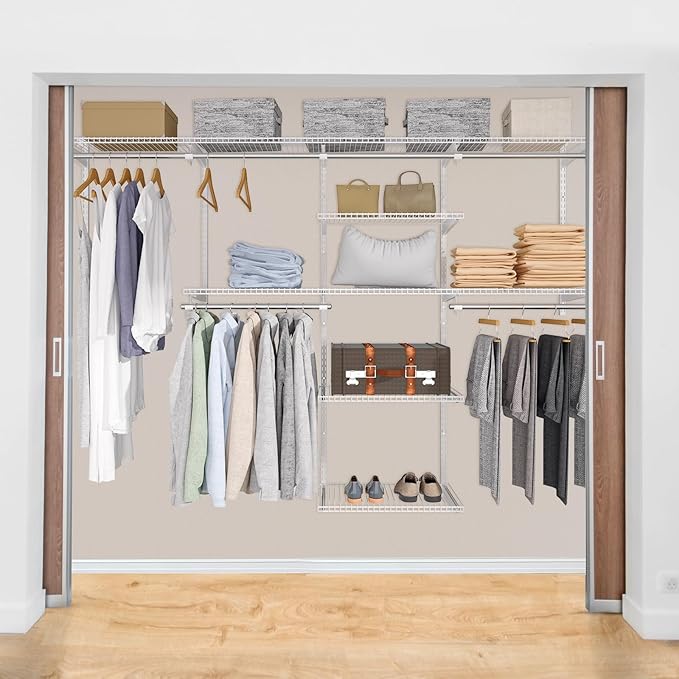 Homde Closet Organizer System Wall Mounted, 4-8 Ft. Adjustable and Expandable Metal Wire Shelving , Custom DIY Wardrobe Kit with Shelf, Clothes Hanging Rods,White