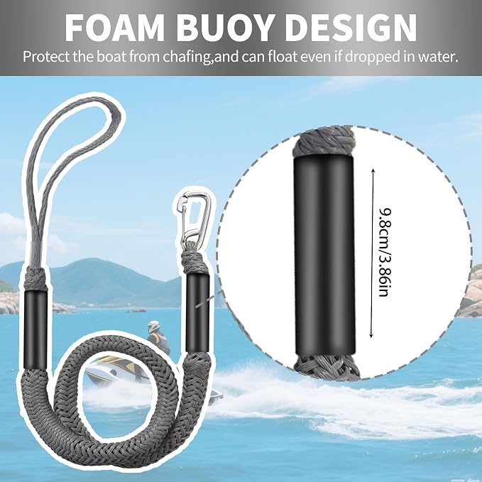 Bungee Dock Line with Stainless Steel Clip – Boat Dock Rope with Foam Float for Kayak, Canoe, Pontoon, Watercraft, SeaDoo, Docking – 4–5.5 ft, 2 Pack（Grey）