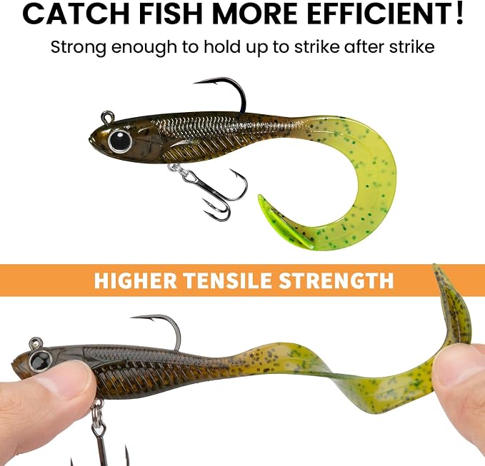 TRUSCEND Duramax Pre-Rigged Fishing Lures with BKK Jig Hooks, 10X Tear-Resistant TPE Soft Swimbaits for Bass Striper Trout Crappie Walleye Grouper, Lifelike Fishing Baits for Saltwater and Freshwater