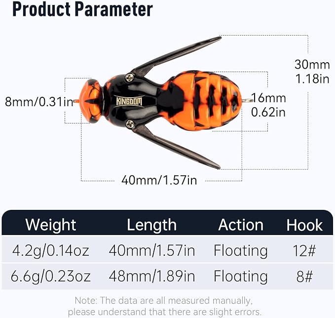 Kingdom Wasp Craw Bait Insect Bionic Floating Fishing Lures Swimbaits Hard Artificial Baits Lure for Freshwater and Saltwater Bass Carp Pike Walleye Fishing ABS Material Carbon Steel Three Book Hook