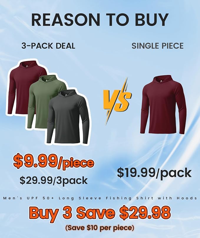 ZITY 3 Pack Men's Sun Protection Hoodie Shirt Fishing Shirts for Men UPF 50+ Long Sleeve Shirt Lightweight Rash Guard