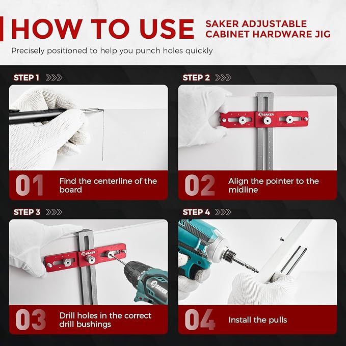 Saker Cabinet Hardware Doweling Jig - Cabinet Handle Template Tool for Knobs and Pull - Adjustable Self Centering Punch Locator Precise Woodworking Drill Guide (5" Jig Saw with pencil)