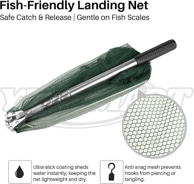 Yeahmart Fishing Landing Net with Telescopic Aluminum Handle Pole, Collapsible Nylon Mesh Minnow Fish Net for Saltwater & Freshwater, Portable Fishing Gear for Kids, Men, Women, Extends 21-75 Inches