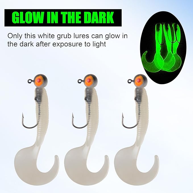 Grub Lures Fishing Jigs Head Hooks Kit- Crappie Jigs Soft Plastic Grub Tail Worm Lure Bait Buster Tubes Baits for Bass Trout Saltwater Freshwater Fishing