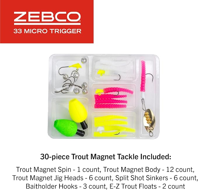 Zebco 33 Micro Trigger Spincast Reel and Fishing Rod Combo, 6-Foot 6-Inch 2-Piece Telescopic Rod, Size 10 Reel, 30-Piece Trout Magnet Tackle