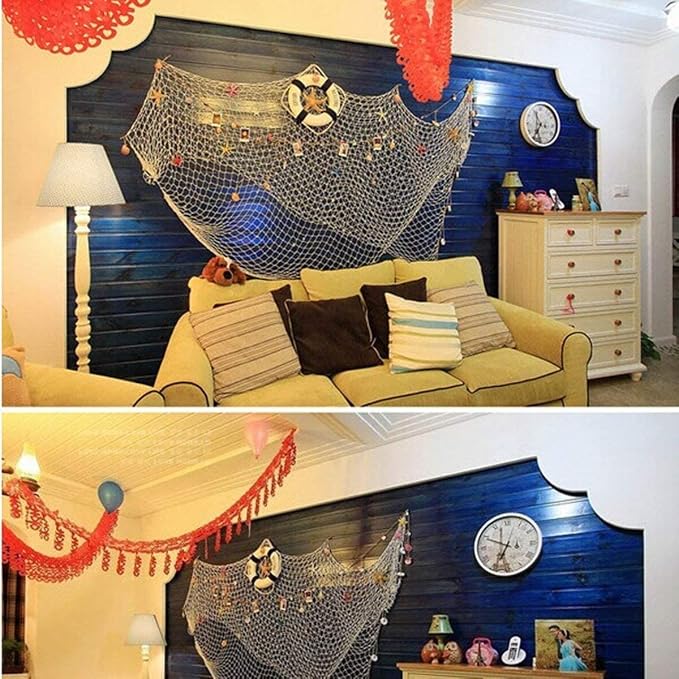 79 x 59 inch Nature Fish Net Wall Decoration with Shells, Ocean Themed Wall Hangings Fishing Net for Beach Party,Wedding,Photographing Decoration