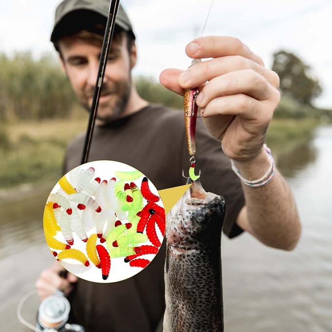 Giantree 50 Pcs Soft Silicone Maggot Worm, Soft Maggot Baits Fake Bread Worms, Fake Worms, Fishing Bait Plastic Fresh Water Fishing Lures Soft Maggot Baits Rubber Maggots Fishing Bait for Trout