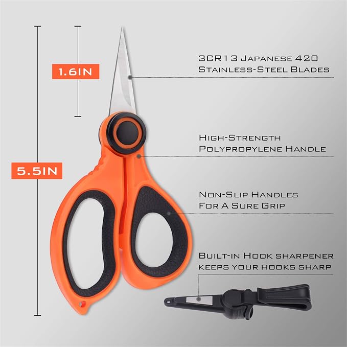 KastKing Fishing Line Scissors, Braided Line Cutters, w/Sheath, Super Sharp 3CR13 Japanese Stainless Steel Blades, Non-Slip TPR Handles, Includes Lanyard