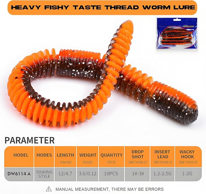 10Pcs/4.7'' Worms for Bait Bass Fishing, Soft Lures Plastic Noodle Wacky Worm Earthworm Silicone Threaded Bait for Ned rig, Fishing Lure Kit for Freshwater Saltwater