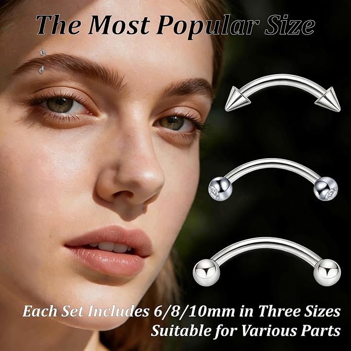 16G Titanium Curved Barbell Eyebrow Rings with Grabber Tool to Prevent Bead Loss, Smooth Transfer Guide Pin for Comfortable Daily Wear, Unisex Lip Daith Rook Jewelry, 6mm 8mm 10mm, 24 Replacement Ends