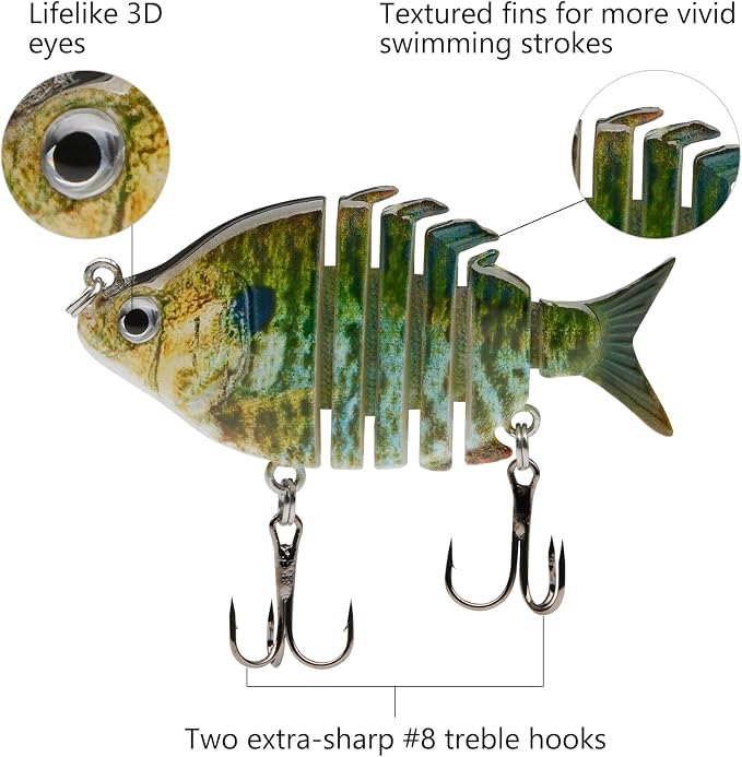 Bassdash SwimPanfish 0.34oz Hard Swimbaits Multi Jointed Topwater Trout Bass Fishing Crank Lure for Freshwater and Saltwater