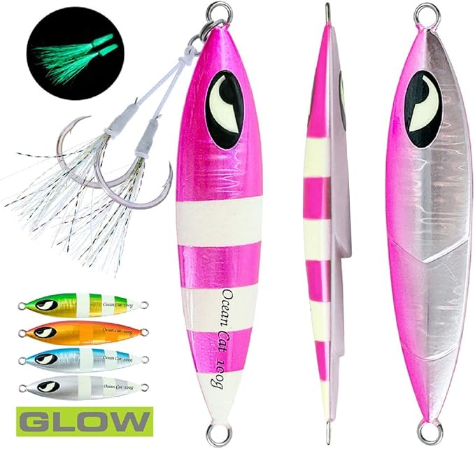 OCEAN CAT Lead Metal Flat Slow Fall Pitch Fishing Jigs Lures Sinking Vertical Jigging Bait with Butterfly Hook for Saltwater Fishing